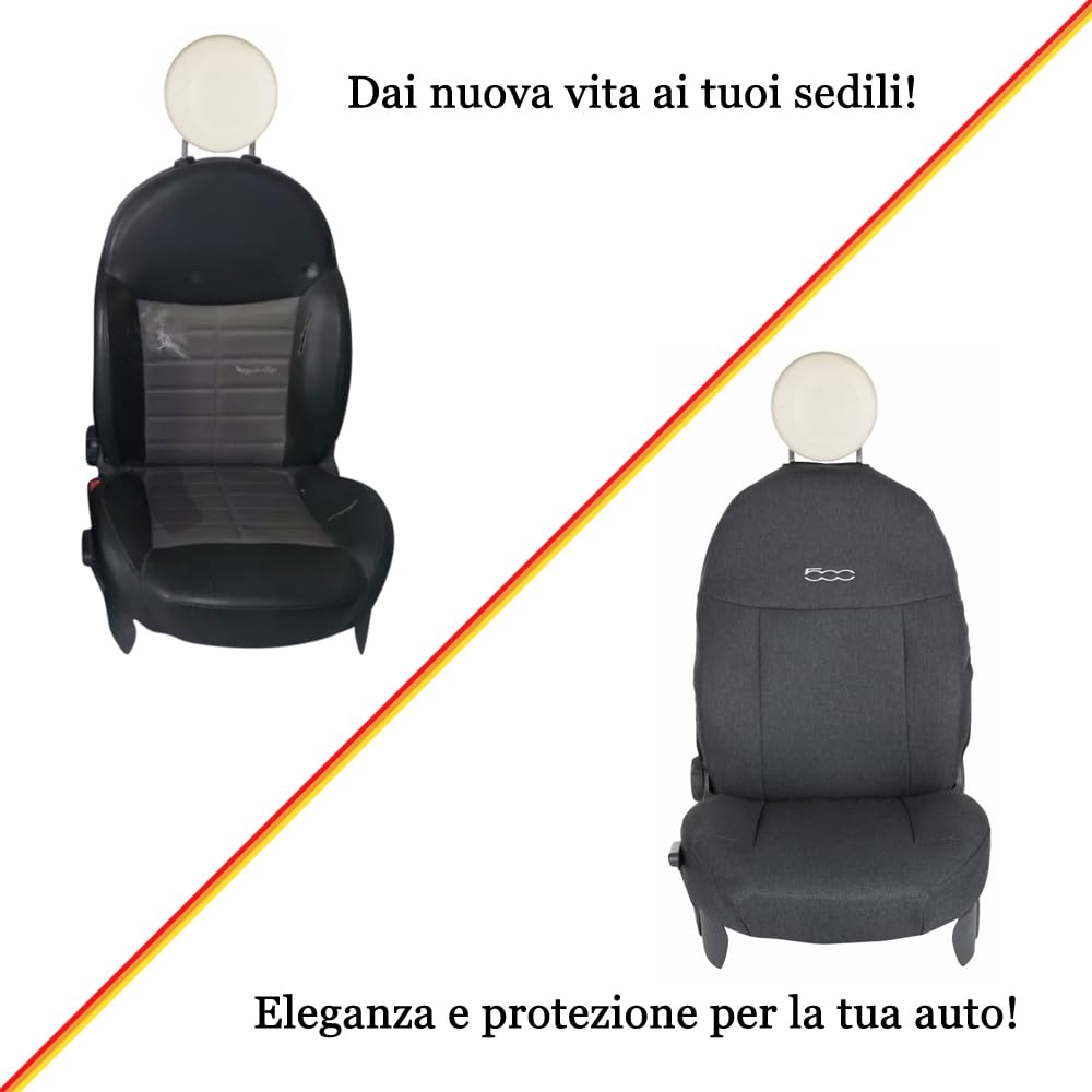 UNION Coprisedili anteriori realizzati su misura specifici per FIAT 500. Perfettamente aderente resistente lavabile. Made in Italy (Antracite)