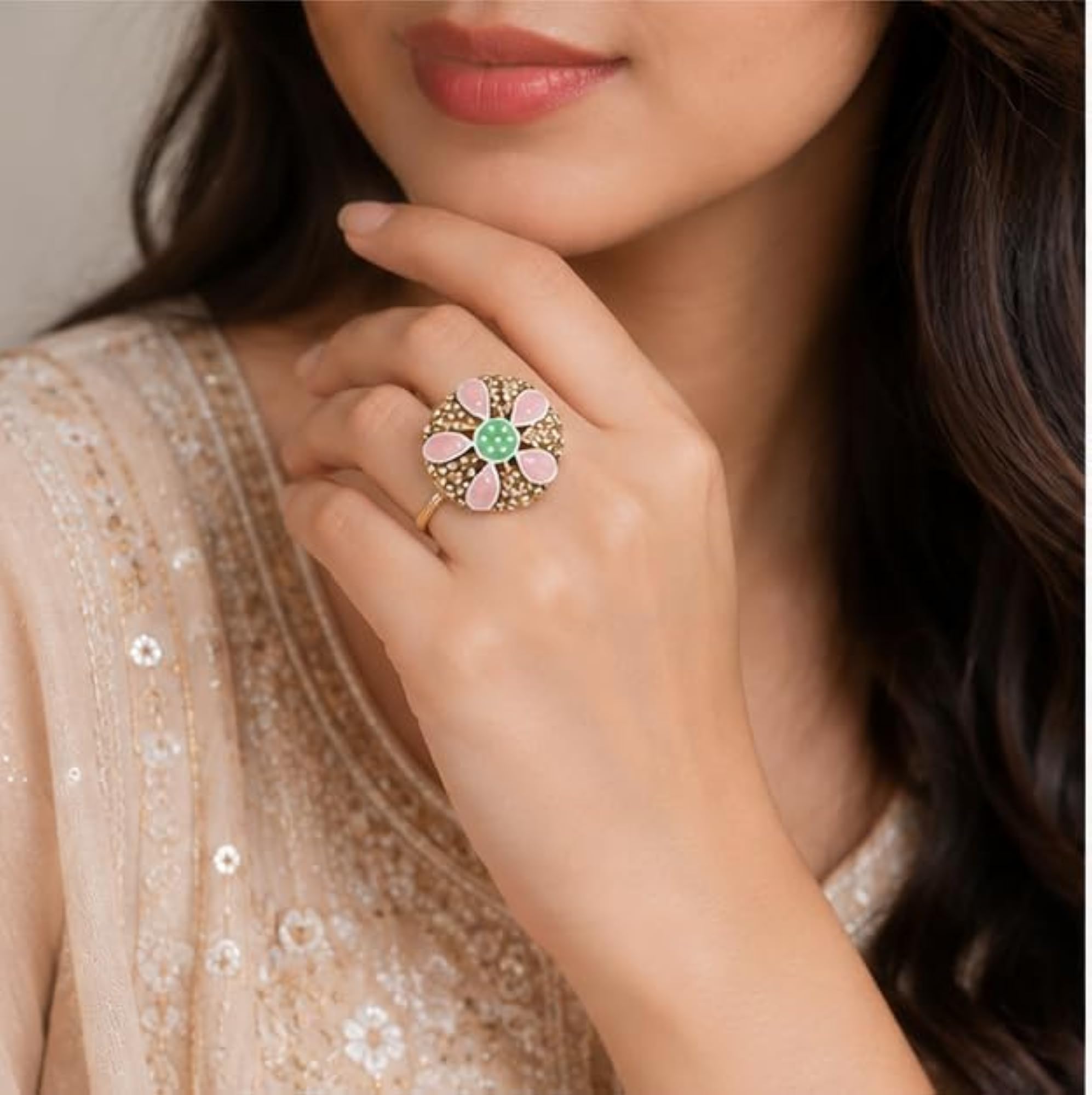 Floral Statement Ring with Multicolor Stones, Adjustable