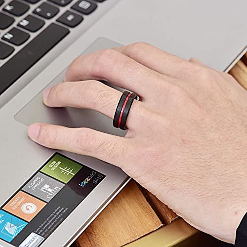 NUNCAD 8mm Men's Tungsten Rings Black Red/Blue/Rose Gold Grooved Center Matte Finish Wedding Band Polished Beveled Edges Size 4 to 164