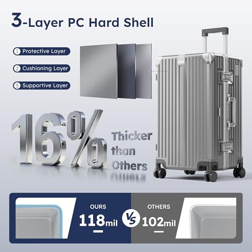 Image of ALPHA CAMP Trunk Luggage 24 Inch with Aluminum Frame Zipperless Suitcase | Medium Checked Thickened 3-Layer PC Hardshell with TSA Lock,Charging Port,Cup Holder and Spinner Wheels for Domestic Travel