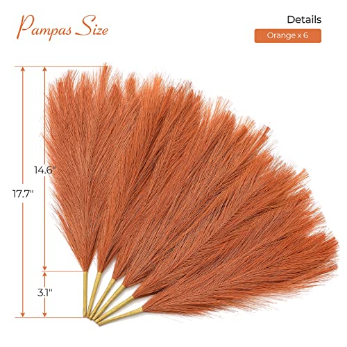 Image of Serwalin Pampas Grass Decor 17.7 Inch 6 Pcs Orange Pampas Grass, Faux Burnt Orange Pampas Fall Boho Decor, Wedding Party Table Centerpieces Rust Home Decor Pampas Floral Arrangement