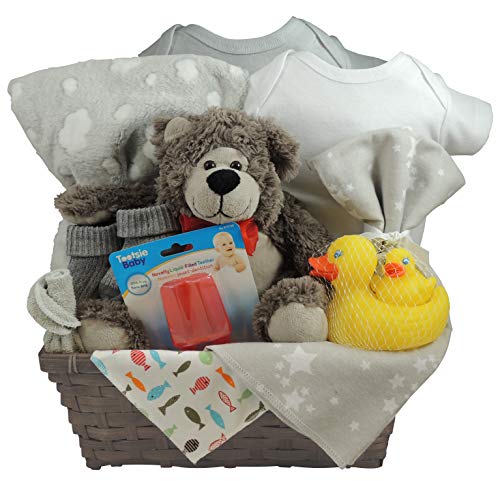 Baby Gift Basket – Unisex, Set of 2 Cotton Onesie, Fleece Blanket and a Receiving (swaddling) Blanket, Rubber Ducky Set, Socks and More.
