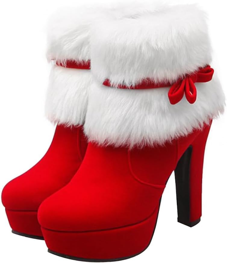 Women Christmas Ankle Boots Winter Fur Lined Suede Bow High Heel Platform Boot Plush Shoes Zipper Closure Boot