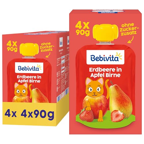 Bebivita Erdbeere in Apfel Birne Quetschie 16 Stück (4er Pack je 4 x 90g) ohne Zuckerzusatz glutenfrei ideal für unterwegs und selbständiges Snacken