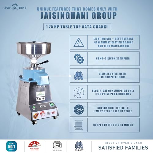 Image of Jaisinghani Group Table Top Stone Grain Mill 1.25 HP | Atta Chakki for Home | Heavy Duty Flour Grinder for Wheat, Rice, and More | Stainless Steel with Natural Stone Grinding