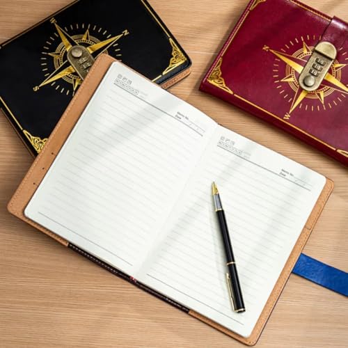 Diário com Cadeado, Design Bússola Vintage, Capa Preta com Detalhes Dourados, Caderno com Fecho
