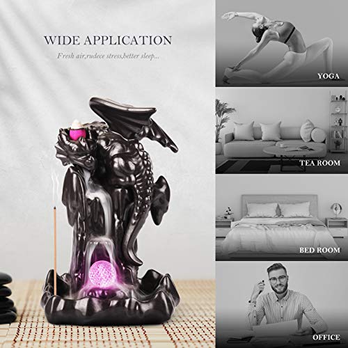 Otofy Handmade Backflow Incense Burner Waterfall Incense Holder With 90 Incense Cones + 50 Incense Sticks Sets, Aromatherapy Ornament Home Decor Gift Decorations Statue(Black Brown Led Dragon) #TOP4