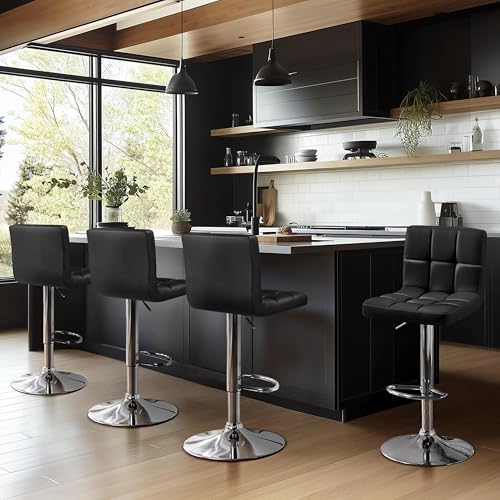 Image of Yaheetech Bar Stools Set of 4, PU Leather Swivel Barstools, Height Adjustable Counter Chairs with Back for Bar Kitchen Island Dining Room, 300lb Capacity, Black