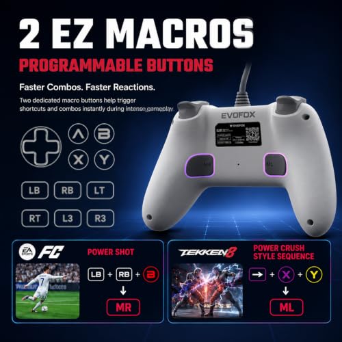 Image of EvoFox Elite S Gaming Controller for PC, 1000Hz Polling Rate, Hall Effect Joysticks, Programmable Macro Buttons, Sniper Mode, Turbo & Auto Turbo Mode, Dual Vibration, RGB Lighting, 1.8m Cable, White