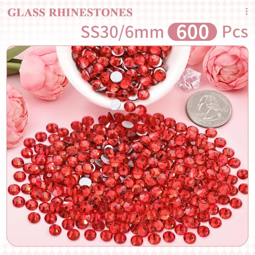 Image of 600PCS SS30 /6mm Crystal Glass Rhinestones for Bedazzling (Light Red) | Flatback Rhinestones for Crafting DIY Nail Makeup Decoration, Light Siam Gems Diomand Charms for Tumbler Shoes Clothing Mug