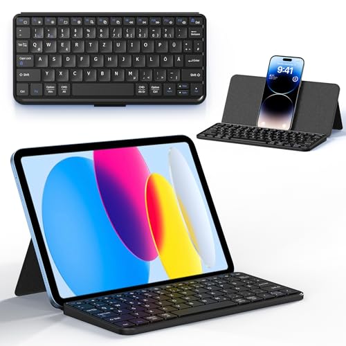 CACOE Mobile Bluetooth-Tastatur mit Ständer für Tablets Ultraflache Tragbare Faltbare Dual-Channel 10 Zoll Tastatur für Smartphone und iOS iPadOS Android Samsung/Lenovo Tablette Windows Schwarz