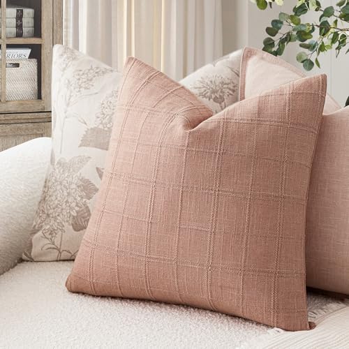 Image of Foindtower Set of 1 Decorative Linen Check Throw Pillow Cover Neutral Farmhouse Vintage Cushion Cover Modern Boho Accent Home Decor for Sofa Chair Couch Bedroom Living Room,18x18 Inch,Coral Pink