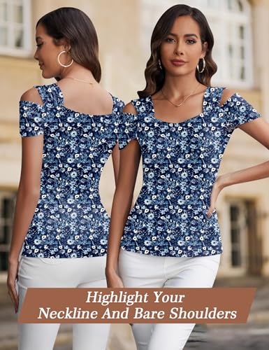 Image of Blingfit Cold Shoulder Tops Summer Tunic Shirts for Women T Shirts V Neck Short Sleeve Casual Tees Blouses 2026