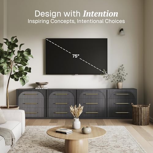 Image of BELLEZE Set of 4 Fluted Modular Sideboard Cabinet, Classic Modern Buffet Cabinet with 3 Drawers, 130'' Accent Credenza Cabinet for Living Room Kitchen Entryway (Ebony)