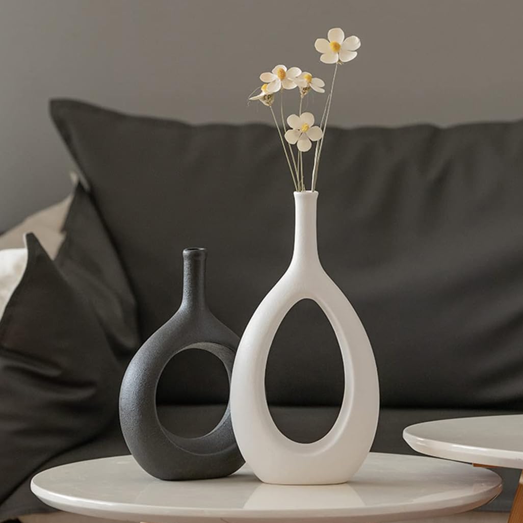 Modernes weißes Keramik-Vasen-Set aus 2 Stück für Dekoration, hohle geometrische Blumenvasen als Tischdekoration, dekorative Tischvase für Wohnzimmer, Zuhause, Kamin, Küche, Hochzeit White