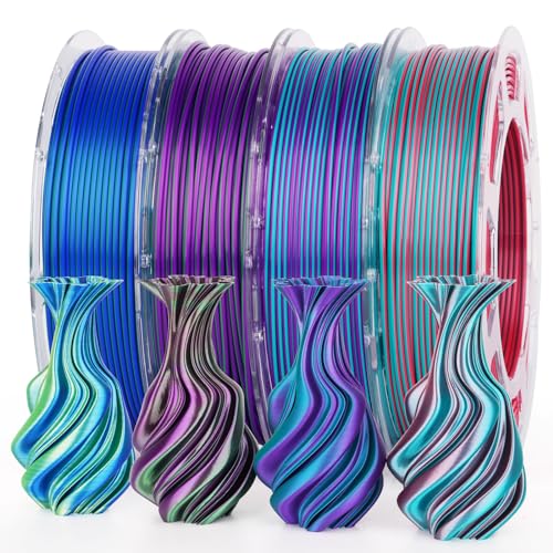 Image of AMOLEN Silk PLA 3D Printer Filament Bundle, Shiny Dual Color PLA Filament 1.75mm Pack, PLA 3D Printing Filament, Blue Green Coral Dark Violet Purple 200g X 4 Spools