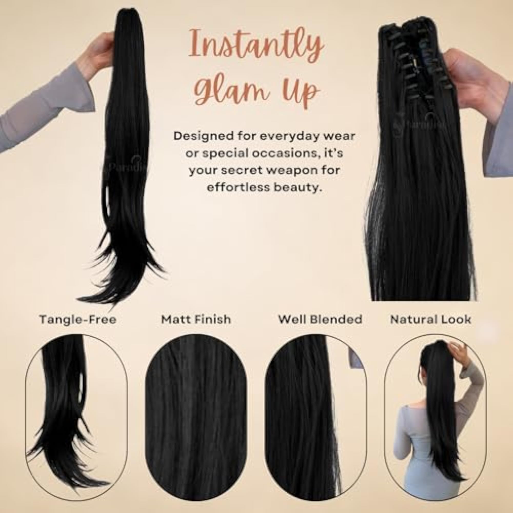 Ponytail Hair Extensions for Women, Natural Black Straight