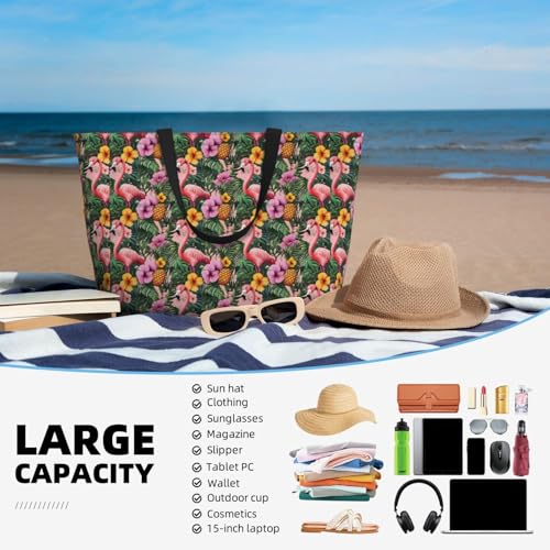 Large Beach Bags for Women Sandproof - Flamingo Pineapple Print Summer Travel Work Tote Bags with Zipper4
