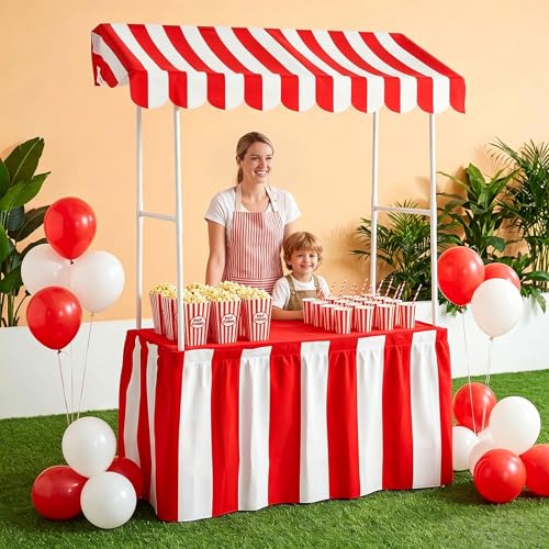 Carnival Tablet Tent Kit with Tabletop Hut Red White Striped Tent Canopy Table Skirt Red Tablecloth Carnival Circus Party Decorations for Circus Theme Party Birthday Outdoor Celebrations Supplies