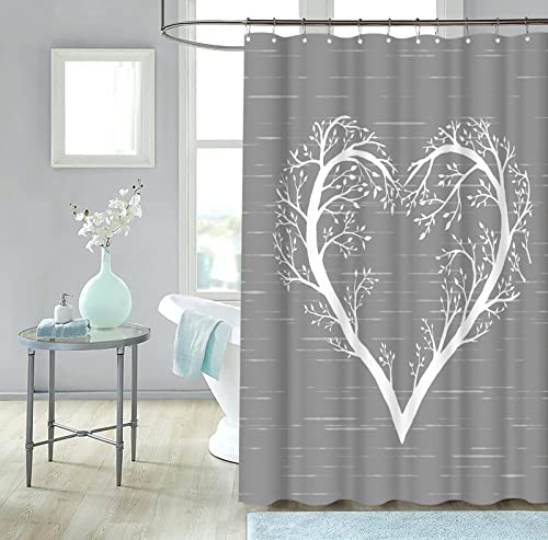 Ryounoart Tree Of Life Shower Curtain Fabric White Heart Shaped Tree Branch Bathroom Decor Romantic Love Gray Curtain Waterproof With Hooks 72"X72" #TOP5