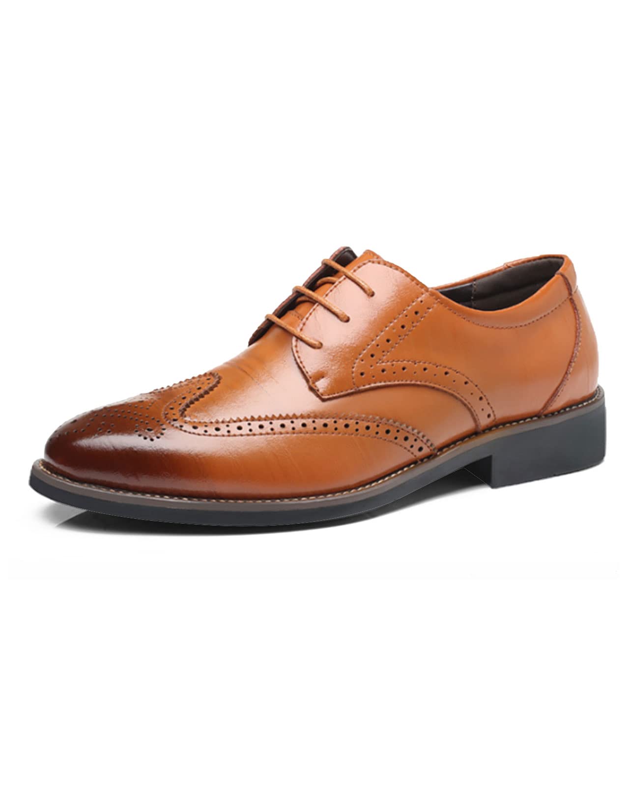 RimholdMens Formal Shoes Brogues Wedding Shoe Leather Lace-ups Soft Monk Shoes Casual Stacked Heel Office Shoe Classic Oxfords