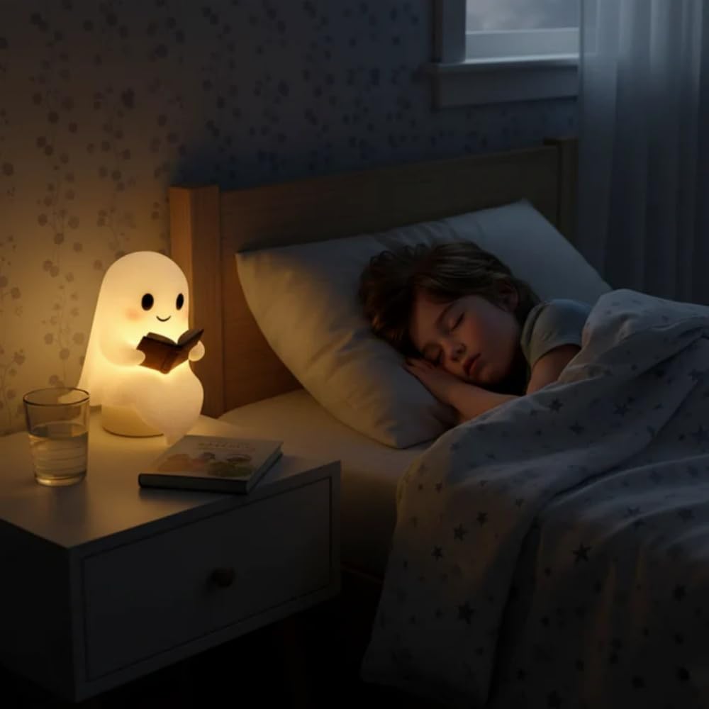 NachtGeist - Ein kleiner Geist, der Wärme & Licht spendet Leselampe mit warmem Licht, bezaubernde LED - Geisterlichter, perfekt für Halloween & Buchliebhaber, Wohn -/Schlafzimmer Deko