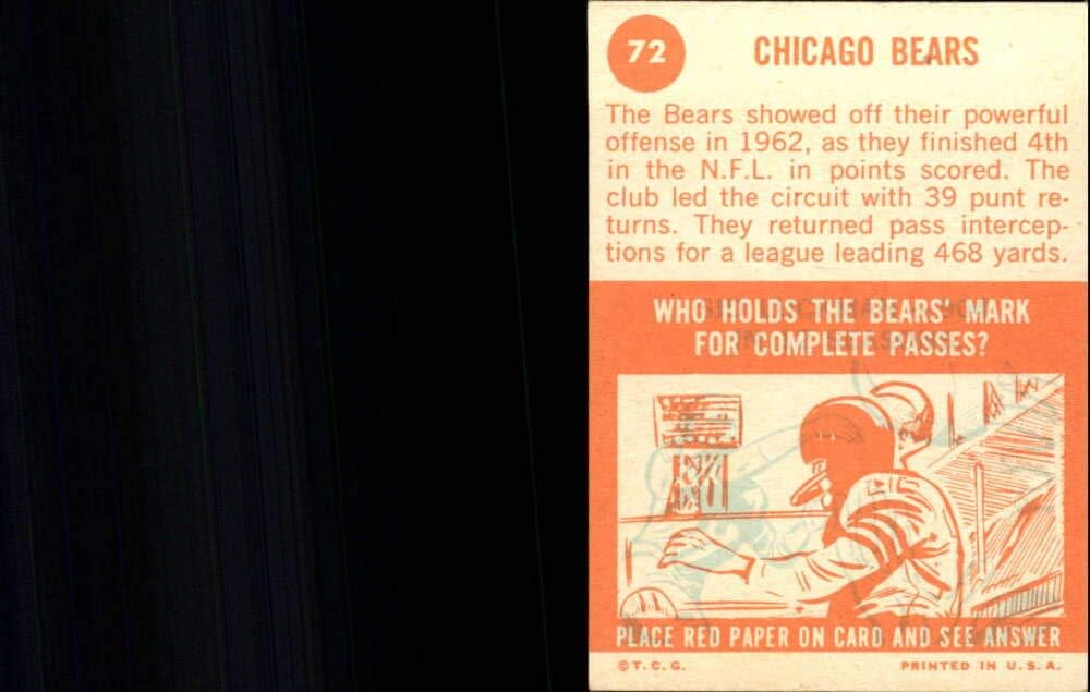 1963 Topps Series 1 Football #72 Bears Team SP Chicago Bears Official NFL TCG Trading Card (SCAN SHOWS ACTUAL CARD YOU WILL RECEIVE)