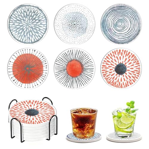 Untersetzer mit Halter - 6er Set Keramik Kork Saugfähig Getränkeuntersetzer Rund Wiederverwendbare Tassenuntersetzer für Getränke Tassen,Becher, Weinglas, Geburtstag Büro, Küche Wohnzimmer Dekoratio