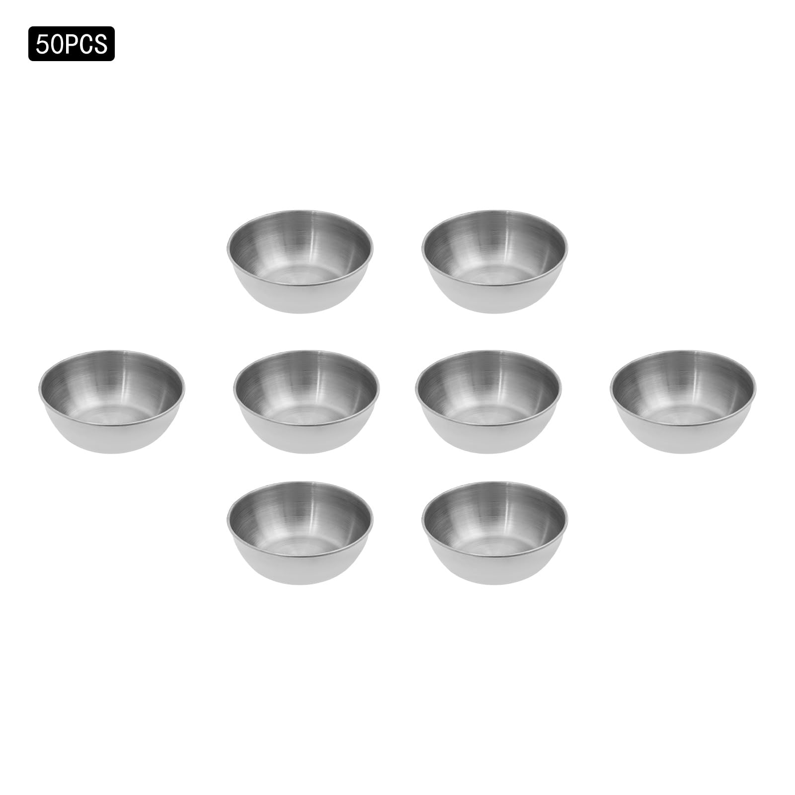 50 unidades de salsas plateadas, mini cuencos para especias, mini cuencos para salsa, cuencos para salsa de soja para hogares, restaurantes, tiendas de comestibles, 5,5 x 2,6 cm