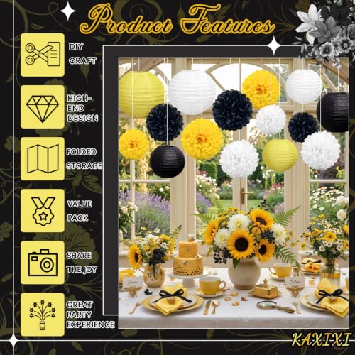 Image of KAXIXI 15-Pack Black Yellow Party Decorations, Paper Lanterns & Pom Poms