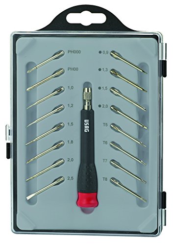 Contenuto: 6 Inserti ad intaglio 1-1,2-1,5-1,8-2-2,5 mm; 2 Inserti a croce PH 00-000; 4 Inserti TORX T5-T6-T7-T8; 4 Inserti esagonali 0,9-1,3-1,5-2 mm