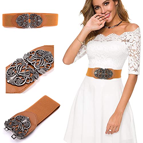 Retro Wide Cinch Belt Womens Corset Cinch Waist Band Vintage Bandage Elasticity Girdle Wrap Gothic Elastic Waist Belt with Hook Buckle for Costume – Brown Silver2