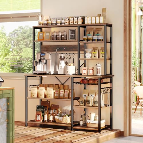 Image of SUPERJARE Larger Bakers Rack with Power Outlets, 6-Tier Microwave Stand, Coffee Bar with 12 S-Shaped Hooks, Kitchen Shelf with Wire Basket, 47.2 x 15.5X 66.9 Inches, Rustic Brown