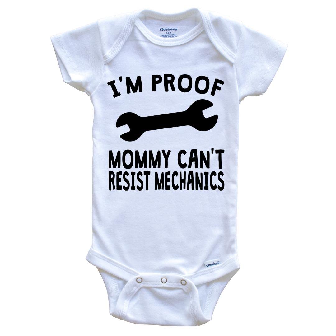 Really Awesome Shirts I'm Proof Mommy Can't Resist Mechanics One Piece Baby Bodysuit - Funny Baby Bodysuit, 0-3 Months White