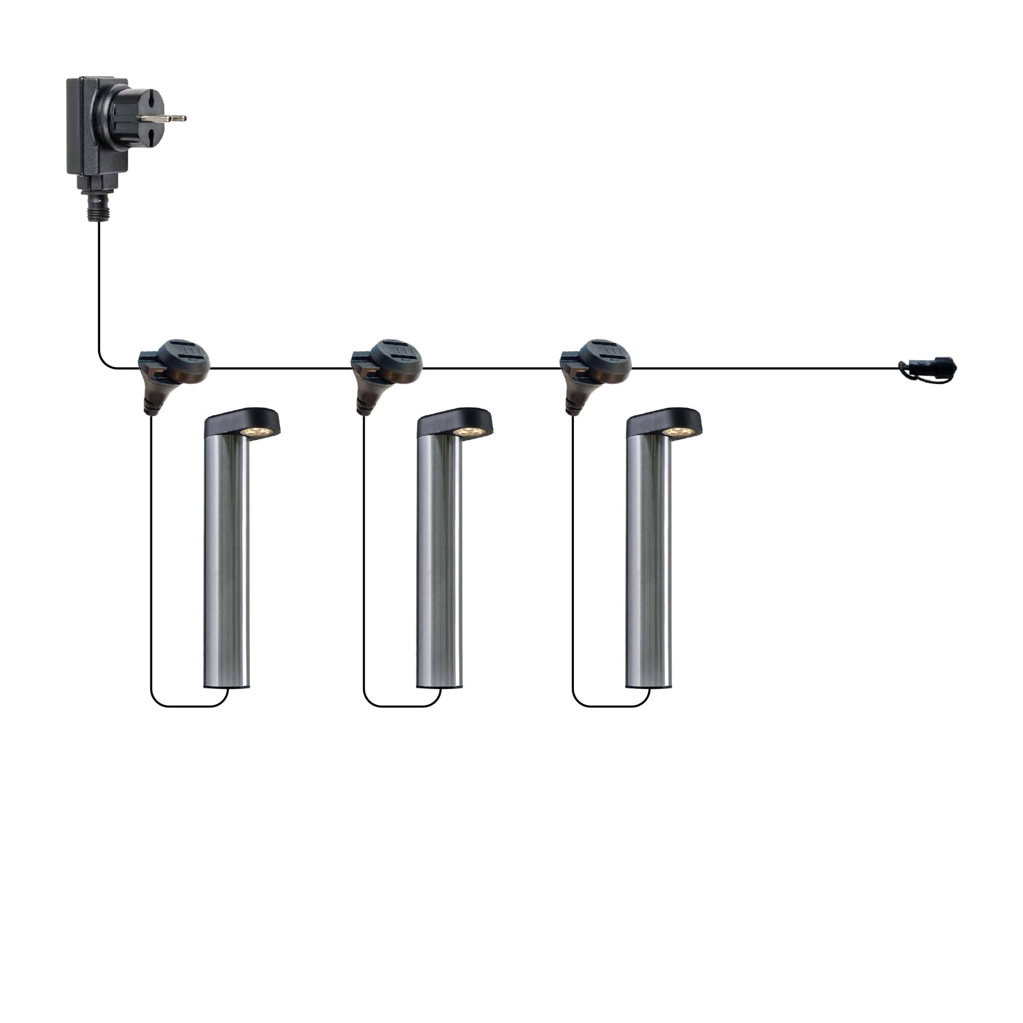 Xelloo® Zestaw oświetlenia ogrodowego VINZ, 12 Volt, 3 sztuki, aluminium/PVC, designerskie oprawy 1W LED ciepłobiałe z bolcem uziemiającym, wodoodporne (IP44) i z praktycznym złączem przesuwnym