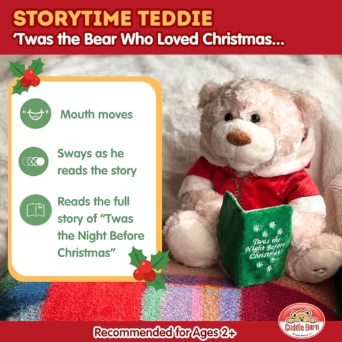 Cuddle Barn - Storytime Teddie | Animated Storytelling Holiday Bear Stuffed Animal Plush Toy Reads The Story T'was The Night Before Christmas, 10"