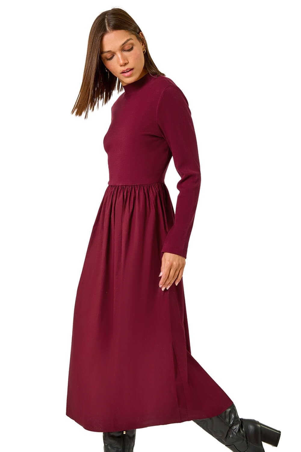 Roman Women's Wine Cotton Stretch Jersey Mix Midi Dress Size 18