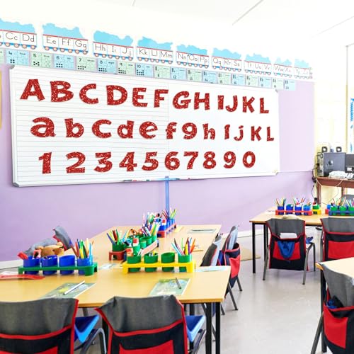 Image of Colarr 216 Pcs 4 Inch Glitter Bulletin Board Letters for Classroom Alphabet Punctuation Symbol Cutout Die-Cut Red Poster Letter with Adhesive Dot School Party Holiday Decor Display
