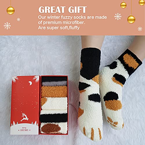Fuzzy Socks for Women Cute Cat Paw 5 Pairs Winter Fluffy Cozy Plush Slipper Socks With Gift Box for Women Girls Gifts 5