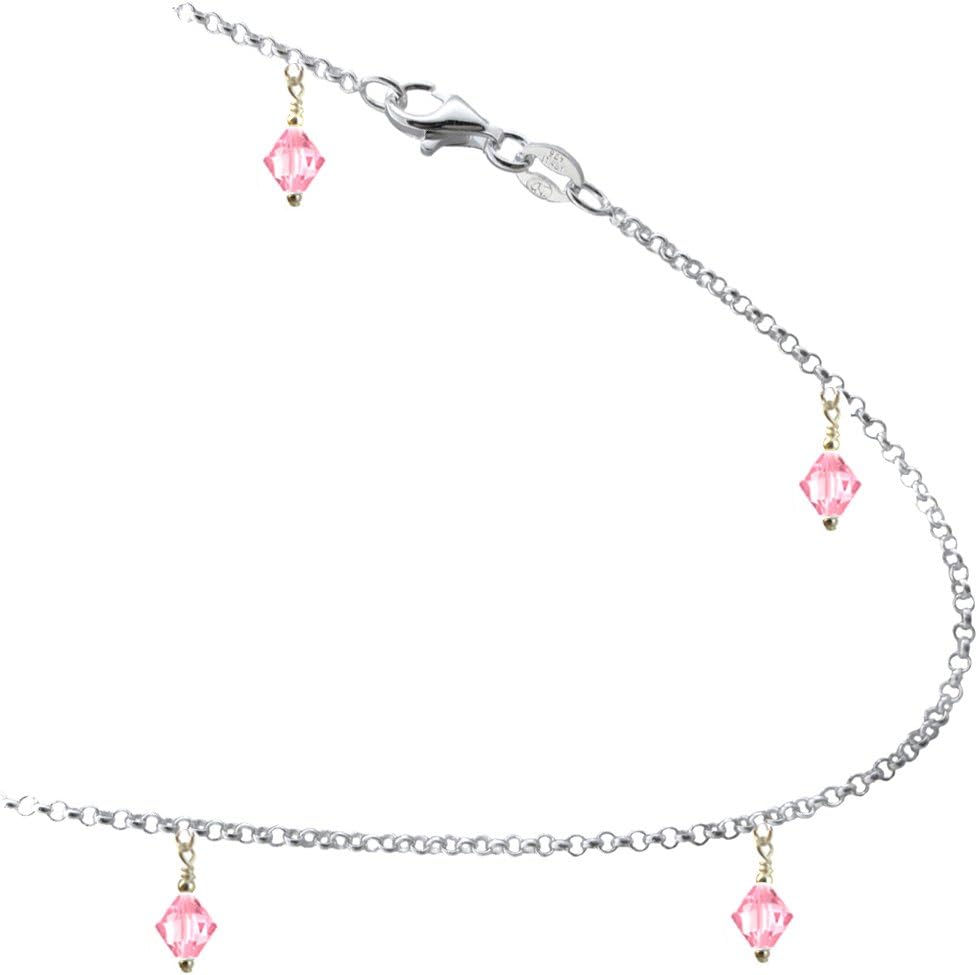 JOSCO Rose Colored Pink Crystals with .925 Sterling Silver Link Anklet, Bracelet. 7,8,9,10,11,12,13 Inches
