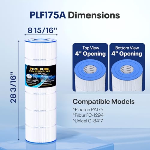 Image of POOLPURE PLF175A Pool Filter Replaces Hayward C1750, CX1750RE, PA175, Ultral-B4, Unicel C-8417, Filbur FC-1294, Sta-Rite PXC175, 817-0175P, L x OD: 28 3 /16 inch x8 15 /16 inch, 175 sq.ft Cartridge