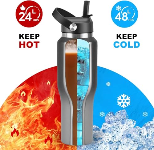 Image of SENDESTAR 32oz Stainless Steel Water Bottle (Cold for 48 Hrs, Hot for 24 Hrs),Double Wall Vacuum Insulated Bottle with Straw Lid, Spout Lid and Flex Cap, Fit in Any Car Cup Holder
