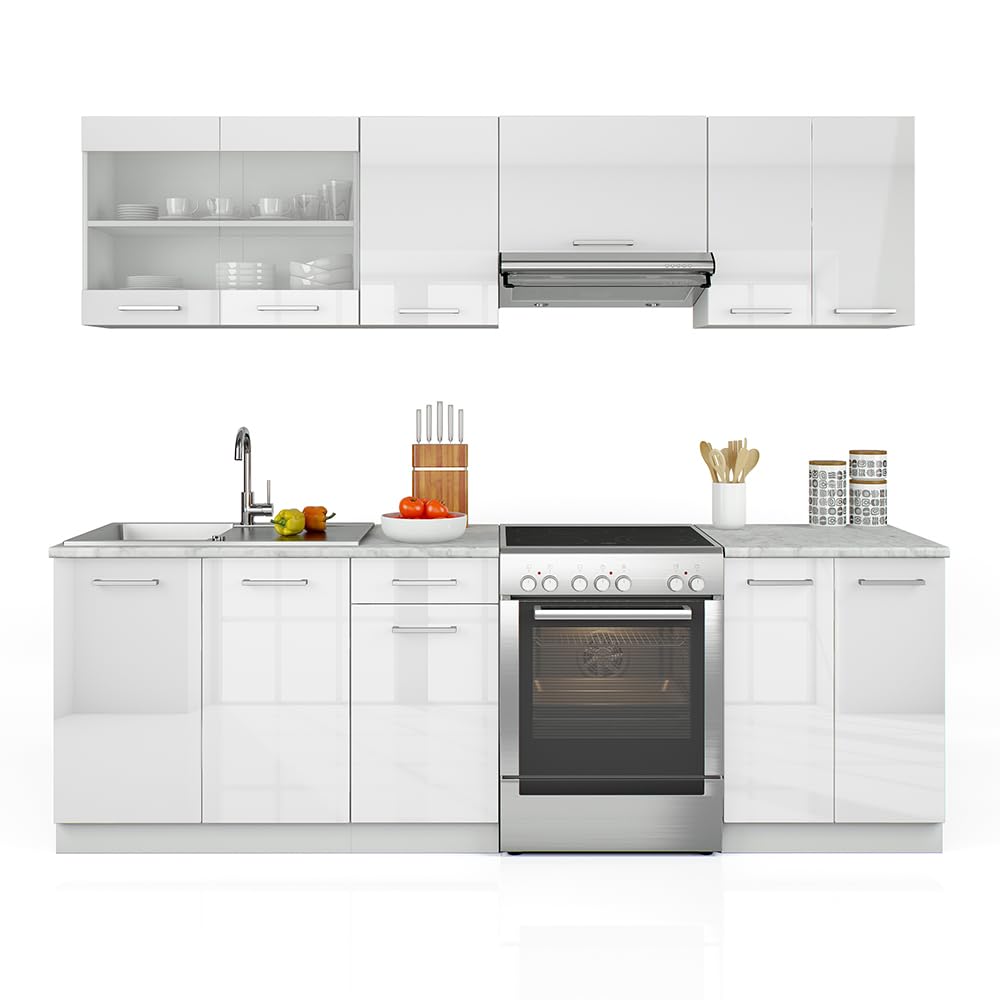 Vicco Cucina componibile Raul, Bianco lucido/bianco, 240 cm, PL Marmo, combinabile in modo flessibile con elementi modulari