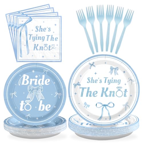 Grencian 96 Pcs Blue Bow Bridal Shower Decorations Blue Bow Bride to Be Party Plates She Tying The Knot Paper Tableware for Bride Groom Bachelorette Party Wedding Engagement Decorations Serves 24