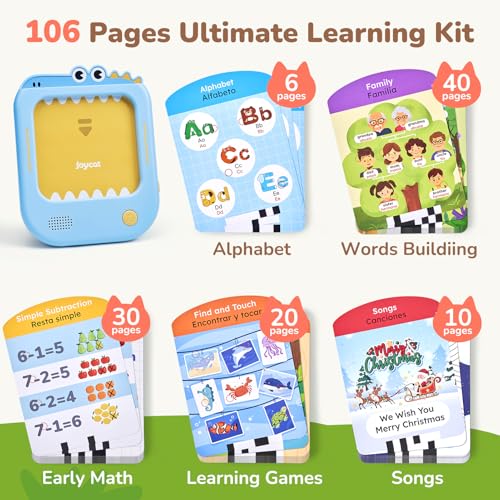 Image of JoyCat Bilingual Kids Learning Tablet, 106 Pages Spanish & English Talking Cards with 20 Interactive Games, Montessori Toy for Alphabet, Words, Numbers, Colors & Songs, Learning Gifts for Toddler 2-6