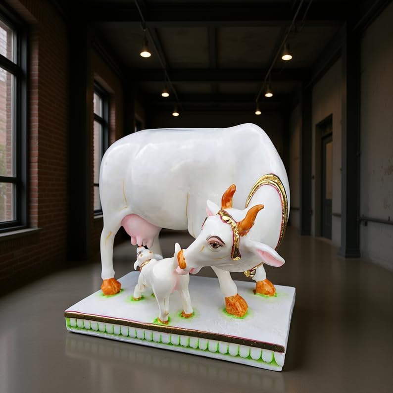 Image of Kamdhenu Cow Statue Cultured Marble Hand Painted Kamadhenu Cow and Calf Figure Animal Figurine House Warming Gift (16L x 8.2W x 15.5H Centimeters)