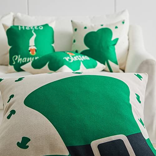 Topfinel St Patricks Day Decorations 18X18 Inches Linen Throw Pillow Covers Set Of 4, Green Clover Shamrocks Lucky Blessed Gnome Top Hat Cushion Cases For Couch Sofa Bed St Patricks Day Home Decor #TOP3