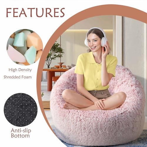Image of Plush Faux Fur Bean Bag Chairs, Memory Foam Filled Sofa Chair Shape Bean Bag for Adults /Teens /Kids, Ultra-Soft Lazy Sofa for Living Room Bedroom College Dorm, Pink