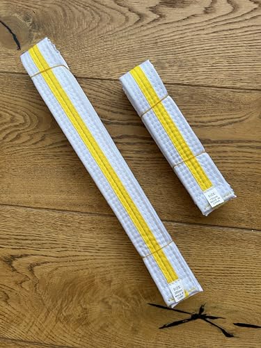 MARTIAL ARTS STRIPED BELTS Kids & adults, KARATE, TAEKWONDO, JUDO, KICKBOXING, BELTS 150cm & 280cm (White belt, Yellow stripe, 150)