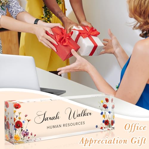 Image of Name Plate for Desk, Desk Name Plate Personalized, Flowers Office Decor for Women Men, Acrylic Desktop Accessories, Office Gifts for Boss Nurse Teacher Coworker, Employee Appreciation Gift (Pink /Blue)